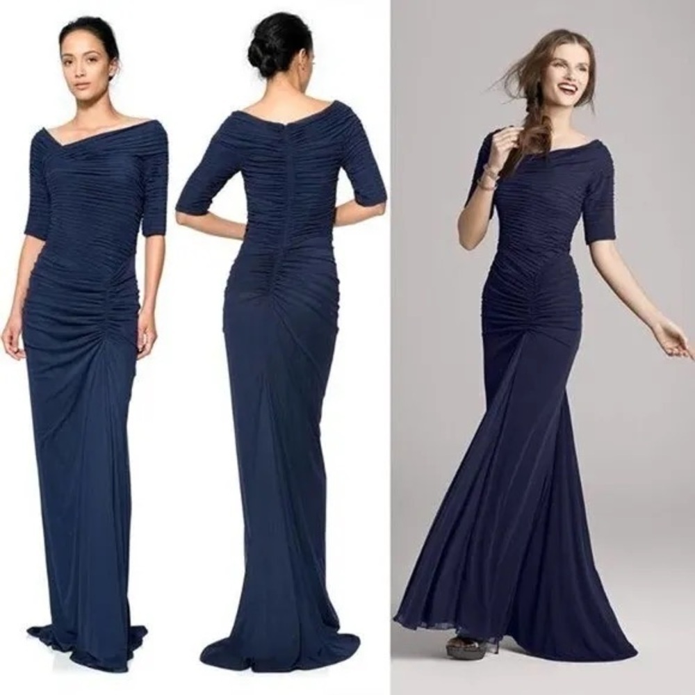 Tadashi Shoji Asymmetrical Navy Mesh Gown Dress SzM